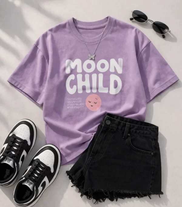 Lavender Moon Child graphic print t-shirt styled with black denim shorts and black and white sneakers, aesthetic flat lay outfit