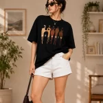 Women's oversized black graphic printed cotton T-shirt front view