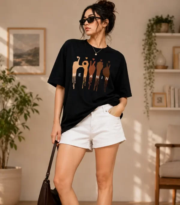 Women's oversized black graphic printed cotton T-shirt front view