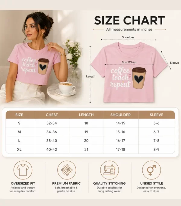 Woman wearing pink Coffee Teach Repeat graphic t-shirt with coffee cup design, ideal teacher gift tee