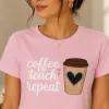 Woman wearing pink Coffee Teach Repeat graphic t-shirt with coffee cup design, ideal teacher gift tee