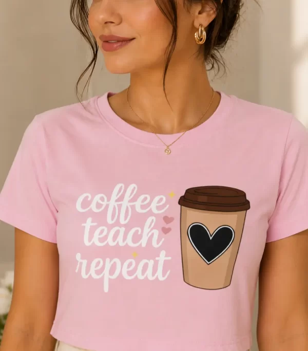Woman wearing pink Coffee Teach Repeat graphic t-shirt with coffee cup design, ideal teacher gift tee