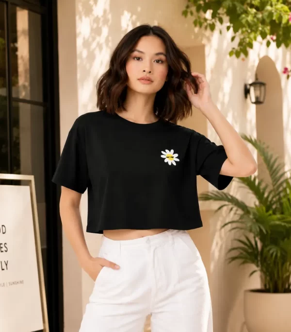 Woman wearing black cropped t-shirt with cute daisy sunglasses graphic design, paired with white pants