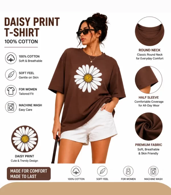 Woman wearing oversized brown daisy print t-shirt with white denim shorts, casual streetwear style