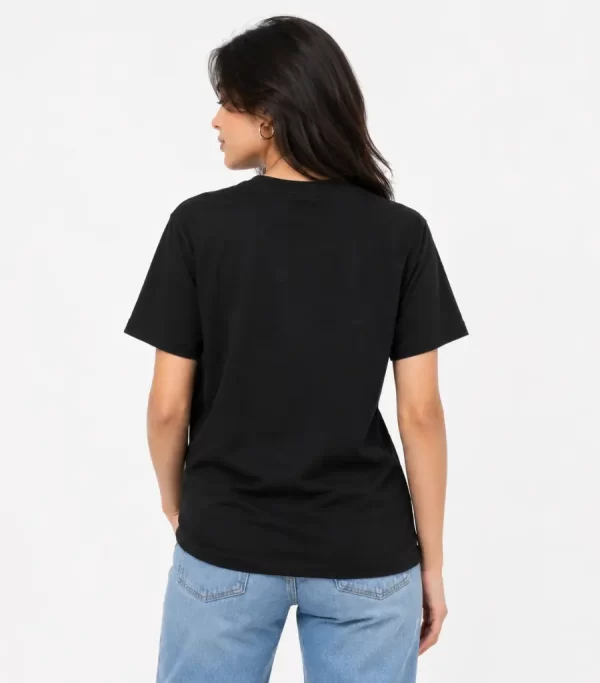 Woman wearing classic black cotton t-shirt with blue denim jeans, casual everyday outfit