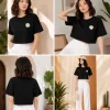 Woman wearing black cropped t-shirt with cute daisy sunglasses graphic design, paired with white pants