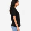 Woman wearing classic black cotton t-shirt with blue denim jeans, casual everyday outfit