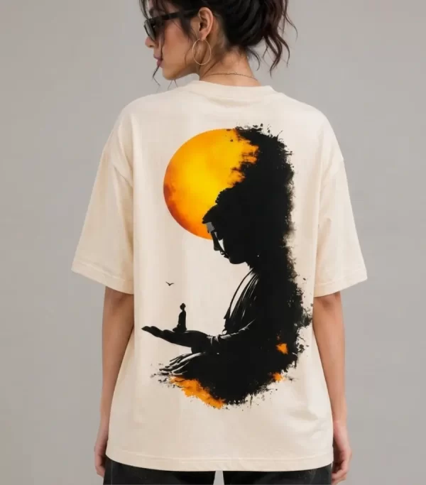 Front view: "Woman wearing beige oversized t-shirt with 'Find Peace Within' text print, front view" Back view: "Woman wearing beige oversized t-shirt with Buddha silhouette sunset graphic print on back"