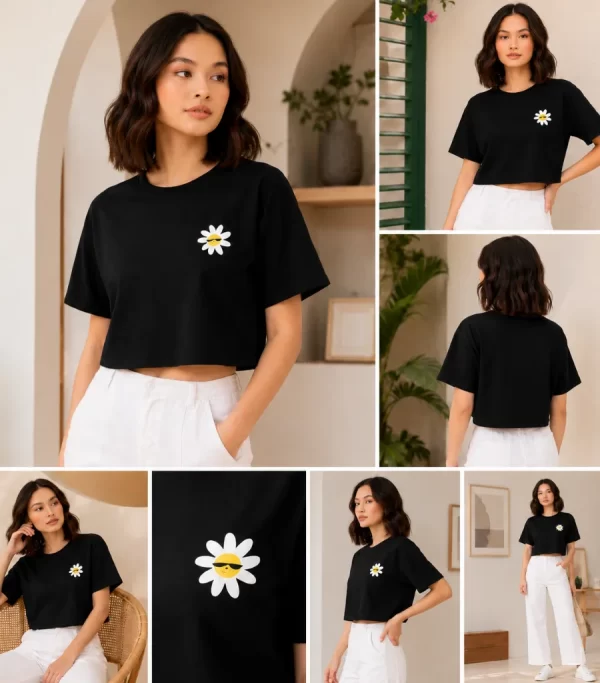 Woman wearing black cropped t-shirt with cute daisy sunglasses graphic design, paired with white pants