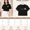 Woman wearing black cropped t-shirt with cute daisy sunglasses graphic design, paired with white pants
