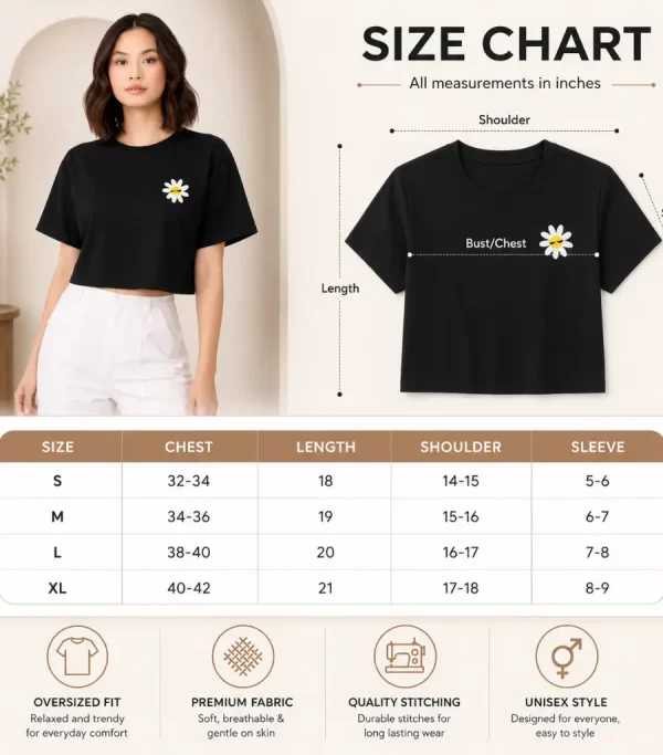 Woman wearing black cropped t-shirt with cute daisy sunglasses graphic design, paired with white pants
