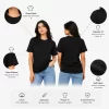 Woman wearing classic black cotton t-shirt with blue denim jeans, casual everyday outfit