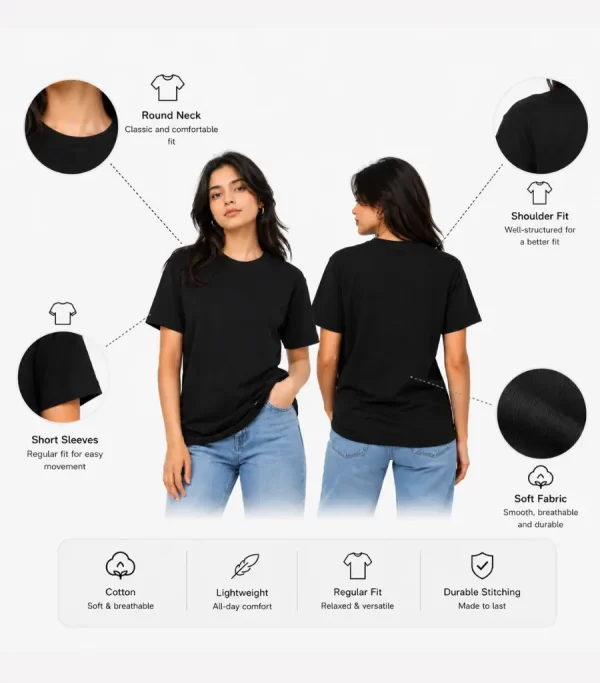 Woman wearing classic black cotton t-shirt with blue denim jeans, casual everyday outfit
