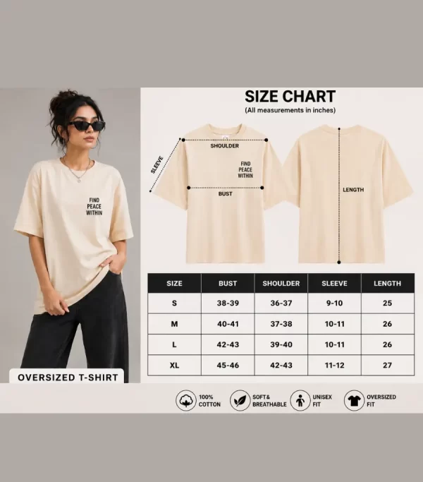 Front view: "Woman wearing beige oversized t-shirt with 'Find Peace Within' text print, front view" Back view: "Woman wearing beige oversized t-shirt with Buddha silhouette sunset graphic print on back"