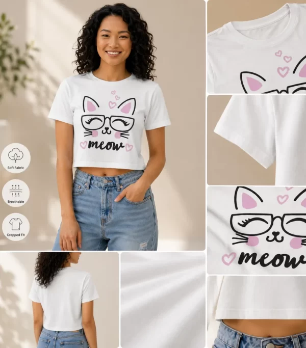 Woman wearing white cropped t-shirt with printed cat face "meow" graphic design and pink heart print, paired with blue jeans