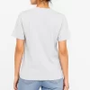 Woman wearing heather grey cotton t-shirt with blue denim jeans, casual everyday outfit