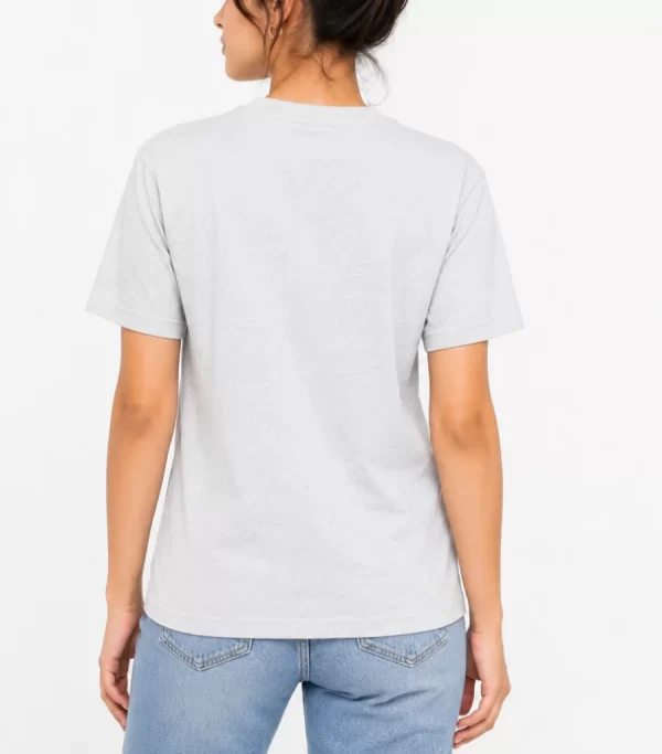 Woman wearing heather grey cotton t-shirt with blue denim jeans, casual everyday outfit