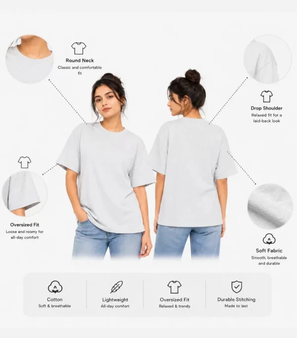 Woman wearing heather grey cotton t-shirt with blue denim jeans, casual everyday outfit