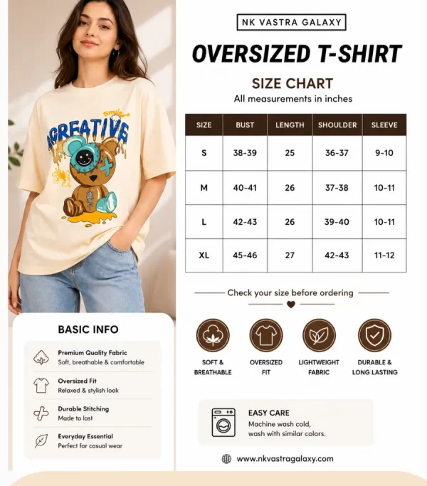 Woman wearing cream oversized t-shirt with Creative Smile teddy bear streetwear graphic print