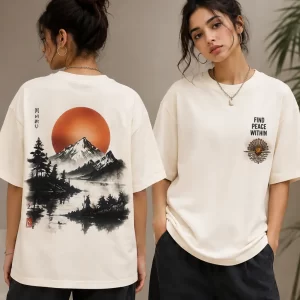 Woman wearing beige oversized t-shirt with Japanese ink-style mountain and red sun print on back, 'Find Peace Within' text with medallion graphic on front