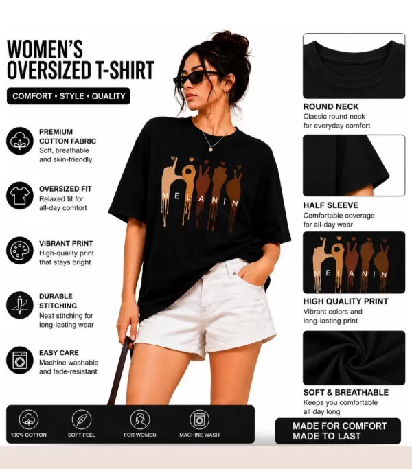 Main Image Women's oversized black graphic printed cotton T-shirt front view Lifestyle Image Woman wearing oversized black graphic T-shirt with white shorts Front Close-up Graphic print design on black oversized women's T-shirt Back View Women's plain black oversized T-shirt back side Fabric Close-up Soft breathable cotton fabric black oversized T-shirt Sleeve Detail Half sleeve oversized women's casual T-shirt