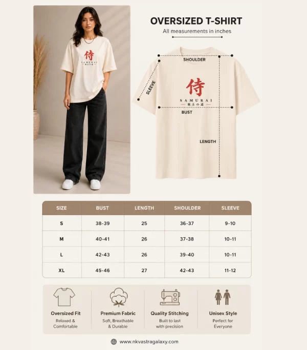 Woman wearing beige oversized Samurai graphic t-shirt with red Japanese kanji print, paired with black wide-leg jeans front and back view