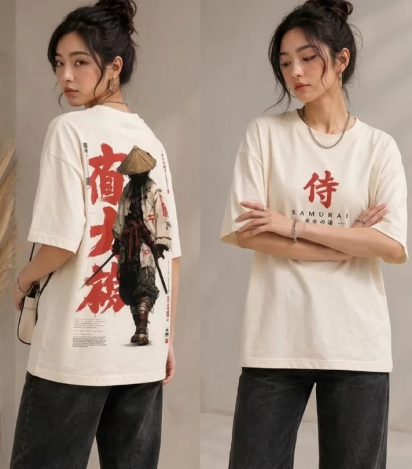 Woman wearing beige oversized t-shirt with samurai warrior illustration and red Japanese kanji print on back, 'SAMURAI' text print on front, styled with black wide-leg jeans