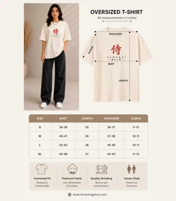 Woman wearing beige oversized t-shirt with samurai warrior illustration and red Japanese kanji print on back, 'SAMURAI' text print on front, styled with black wide-leg jeans