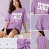 Lavender Moon Child graphic print t-shirt styled with black denim shorts and black and white sneakers, aesthetic flat lay outfit