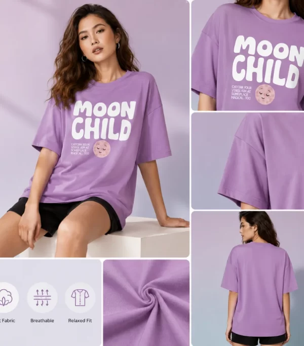Lavender Moon Child graphic print t-shirt styled with black denim shorts and black and white sneakers, aesthetic flat lay outfit