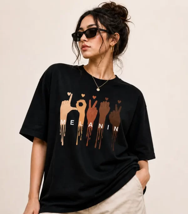 Graphic print design on black oversized women's T-shirt