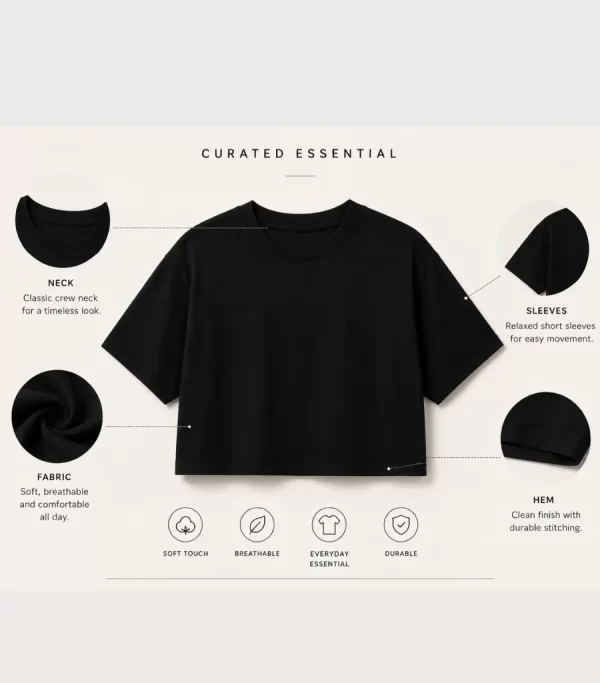 Woman wearing black oversized cropped t-shirt with boxy fit, paired with white jeans