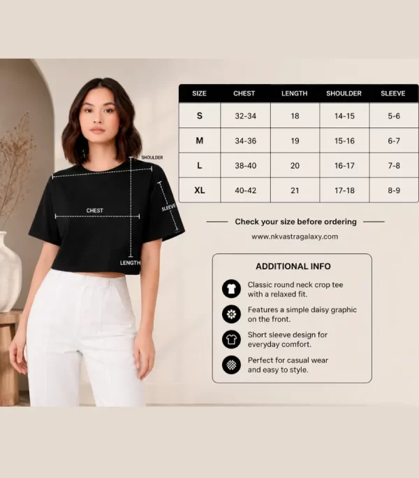 Woman wearing black oversized cropped t-shirt with boxy fit, paired with white jeans