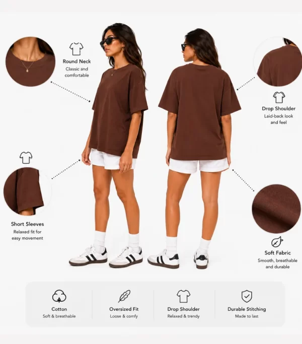 Woman wearing oversized brown cotton t-shirt with white shorts and sneakers, casual streetwear outfit