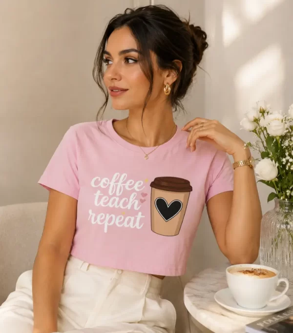 Woman wearing pink Coffee Teach Repeat graphic t-shirt with coffee cup design, ideal teacher gift tee