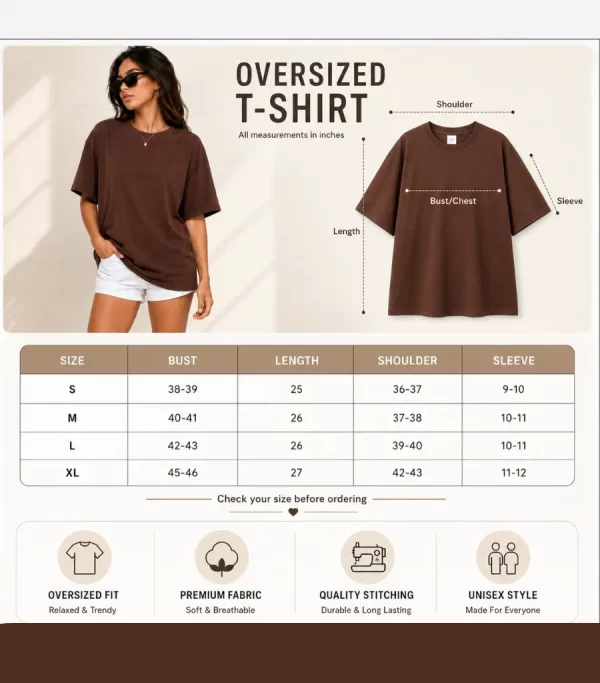 Woman wearing oversized brown cotton t-shirt with white shorts and sneakers, casual streetwear outfit