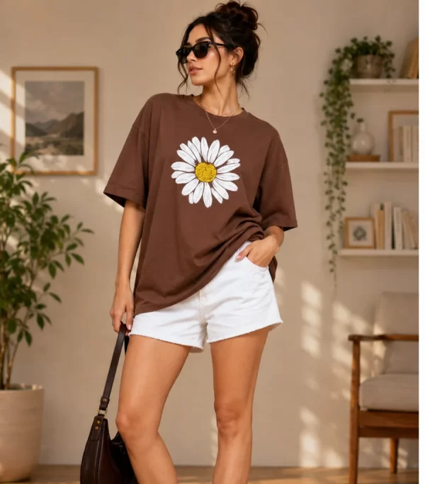 Woman wearing oversized brown daisy print t-shirt with white denim shorts, casual streetwear style