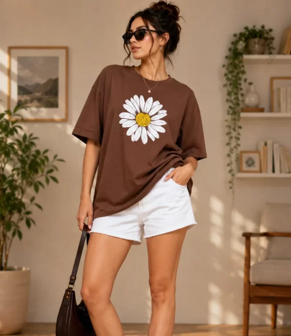 Woman wearing oversized brown daisy print t-shirt with white denim shorts, casual streetwear style