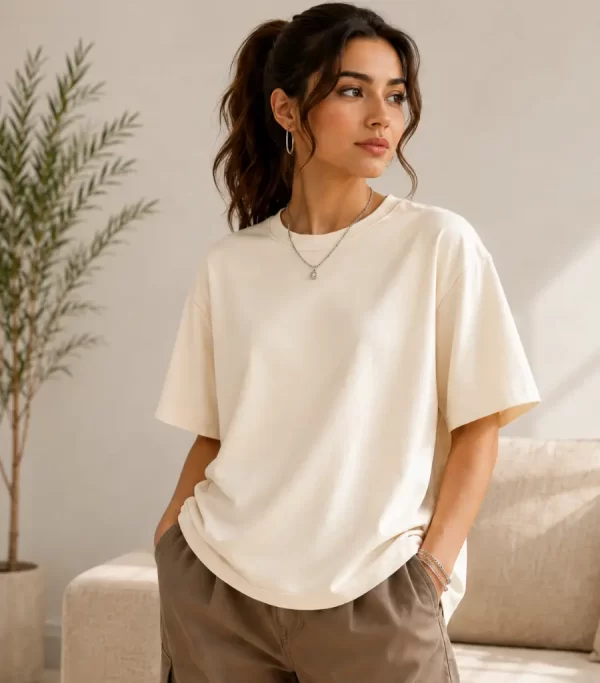 "Woman wearing oversized cream cotton t-shirt with brown cargo pants, minimal casual outfit"