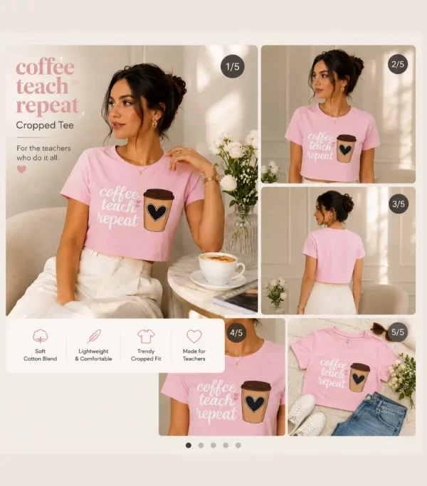 Woman wearing pink Coffee Teach Repeat graphic t-shirt with coffee cup design, ideal teacher gift tee