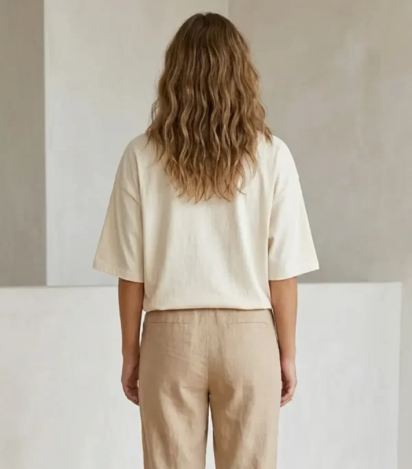 "Woman wearing oversized cream cotton t-shirt with brown cargo pants, minimal casual outfit"