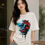 Image 1 (Front View) Women's oversized white graphic printed cotton t-shirt front view with abstract colorful face print. Image 2 (Side View) Women's white oversized graphic t-shirt side profile featuring modern abstract print and relaxed fit. Image 3 (Back View) Women's oversized white cotton t-shirt back view showing plain design with half sleeves and relaxed fit. Image 4 (Angled View) Women's oversized white graphic print t-shirt angled view with premium cotton fabric and casual streetwear style.