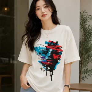 Image 1 (Front View) Women's oversized white graphic printed cotton t-shirt front view with abstract colorful face print. Image 2 (Side View) Women's white oversized graphic t-shirt side profile featuring modern abstract print and relaxed fit. Image 3 (Back View) Women's oversized white cotton t-shirt back view showing plain design with half sleeves and relaxed fit. Image 4 (Angled View) Women's oversized white graphic print t-shirt angled view with premium cotton fabric and casual streetwear style.