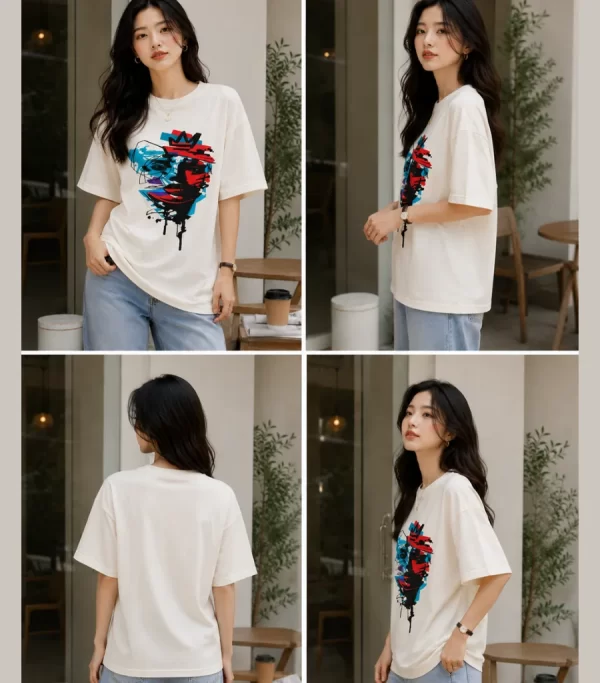 Image 1 (Front View) Women's oversized white graphic printed cotton t-shirt front view with abstract colorful face print. Image 2 (Side View) Women's white oversized graphic t-shirt side profile featuring modern abstract print and relaxed fit. Image 3 (Back View) Women's oversized white cotton t-shirt back view showing plain design with half sleeves and relaxed fit. Image 4 (Angled View) Women's oversized white graphic print t-shirt angled view with premium cotton fabric and casual streetwear style.