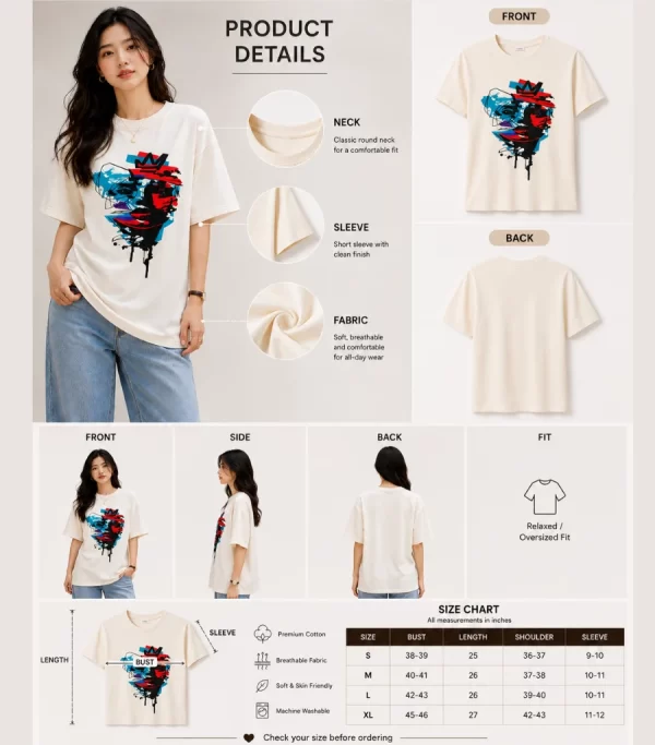 Image 1 (Front View) Women's oversized white graphic printed cotton t-shirt front view with abstract colorful face print. Image 2 (Side View) Women's white oversized graphic t-shirt side profile featuring modern abstract print and relaxed fit. Image 3 (Back View) Women's oversized white cotton t-shirt back view showing plain design with half sleeves and relaxed fit. Image 4 (Angled View) Women's oversized white graphic print t-shirt angled view with premium cotton fabric and casual streetwear style.