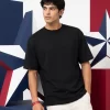 Black regular fit t-shirt men's casual look with geometric star backdrop