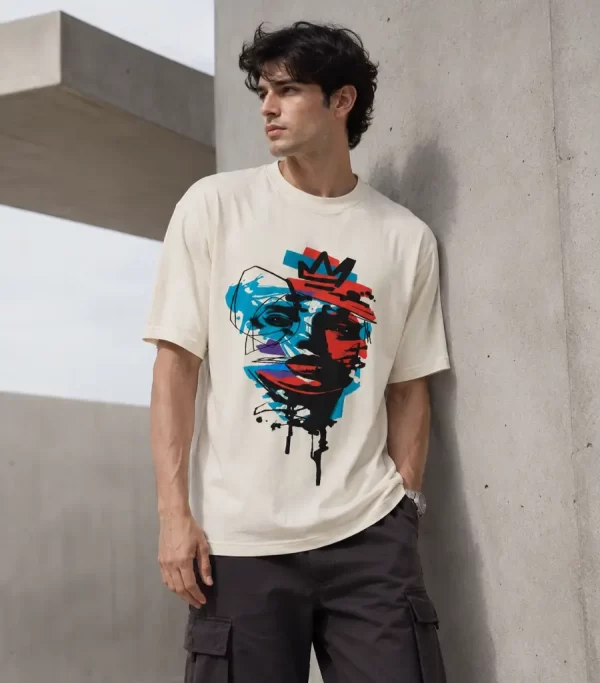 Men's off white oversized graphic printed T-shirt with abstract face design
