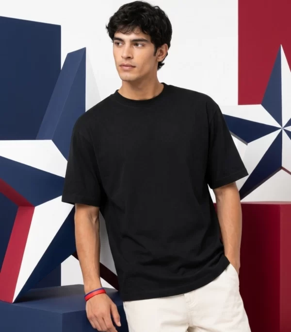 Black regular fit t-shirt men's casual look with geometric star backdrop