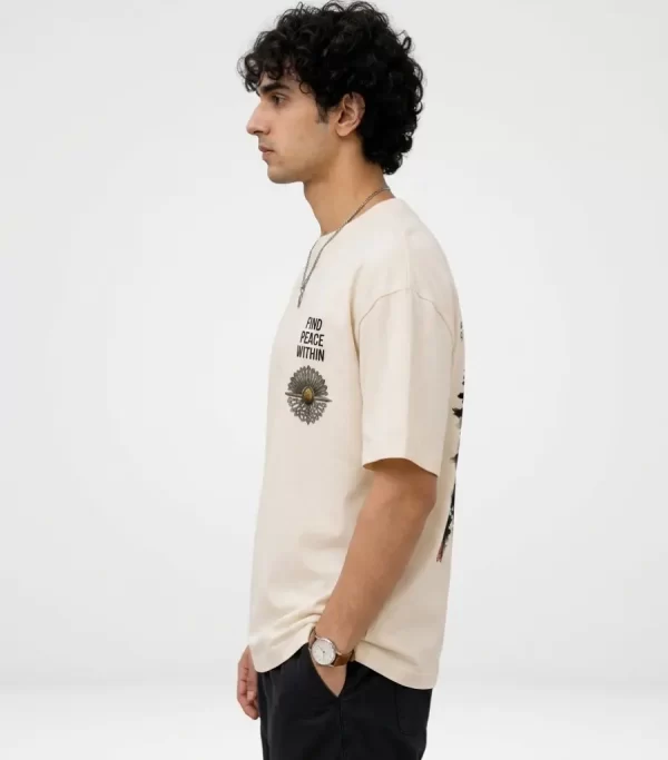 Men's off white oversized Japanese graphic T-shirt with mountain sunset back print