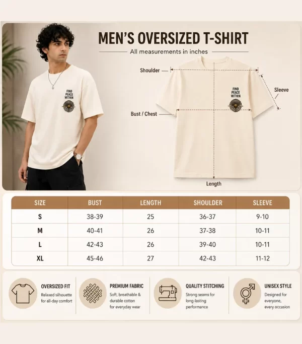 Men's off white oversized Japanese graphic T-shirt with mountain sunset back print